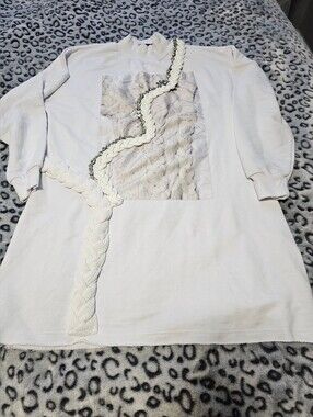 Cream White Braided Detail Graphic Tunic Sweatshirt
